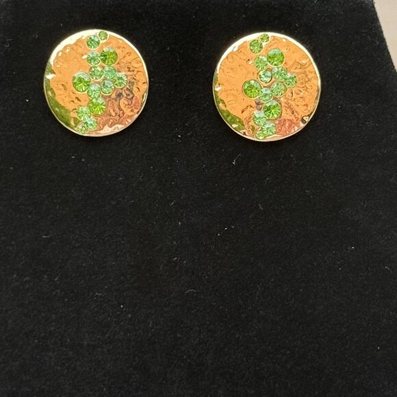 3/$17 Abstract Green Rhinestone Gold Disk Pierced Earrings - Picture 2 of 3